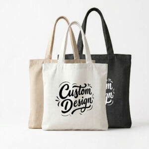 Custom canvas tote bags in beige, white, and black with corporate logo print