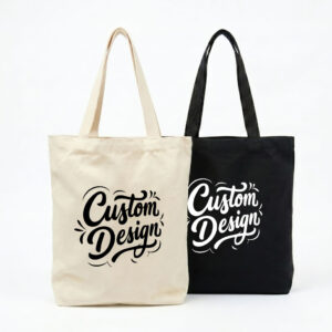 Custom thick canvas tote bags in natural and black with zipper and corporate logo print