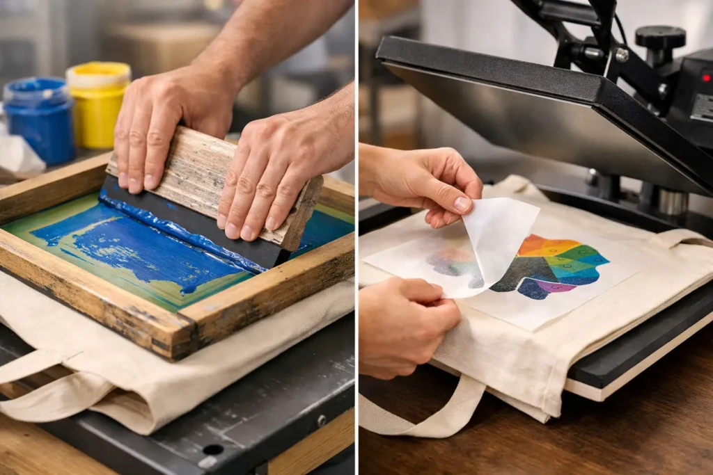 Silkscreen vs Heat Press for Custom Bags